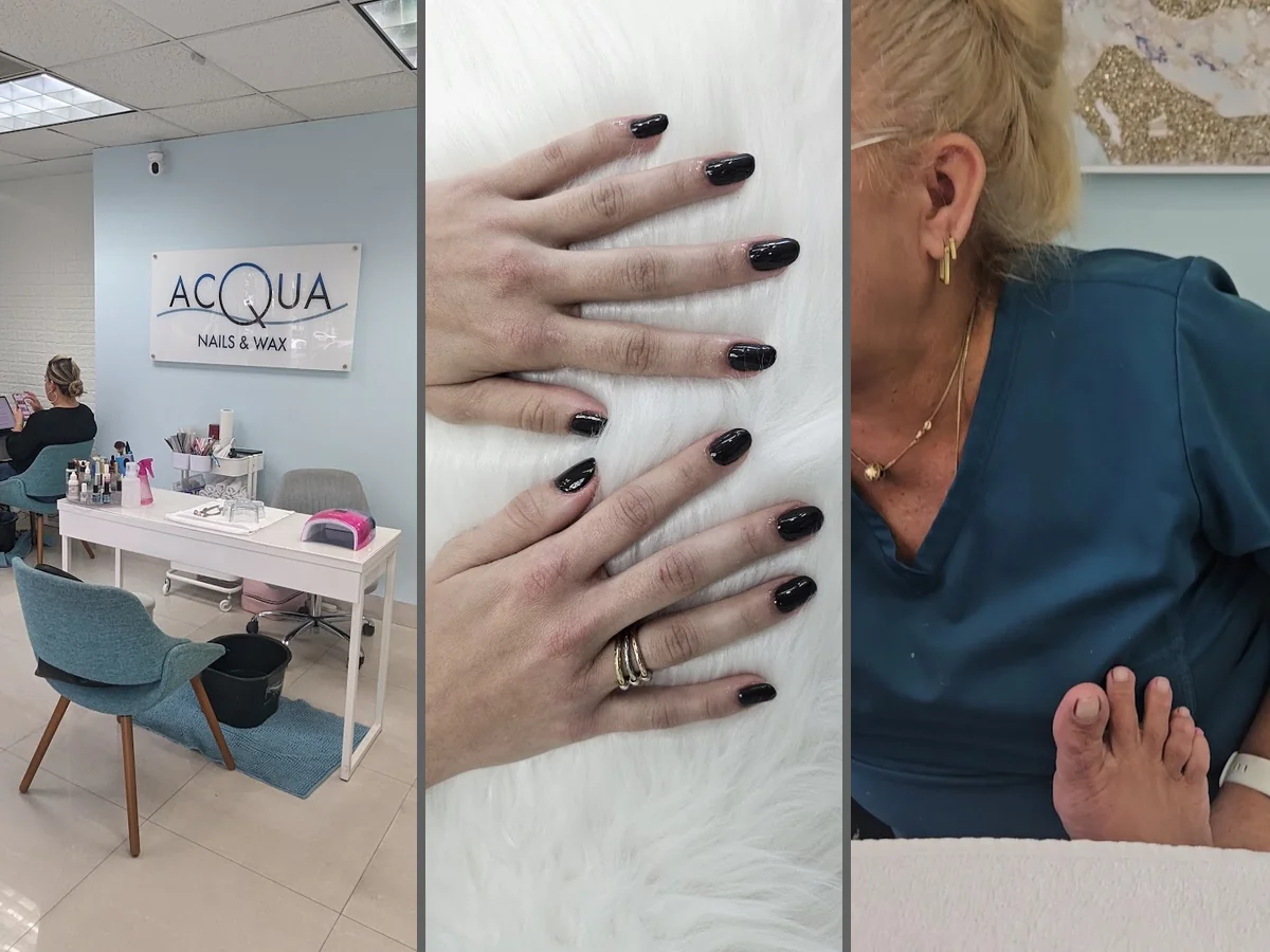 Nail technician shaping a fresh manicure.