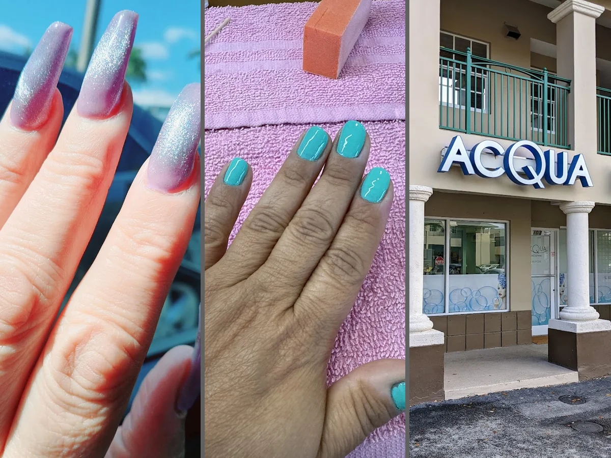 Manicured hands with glossy pink nails.
