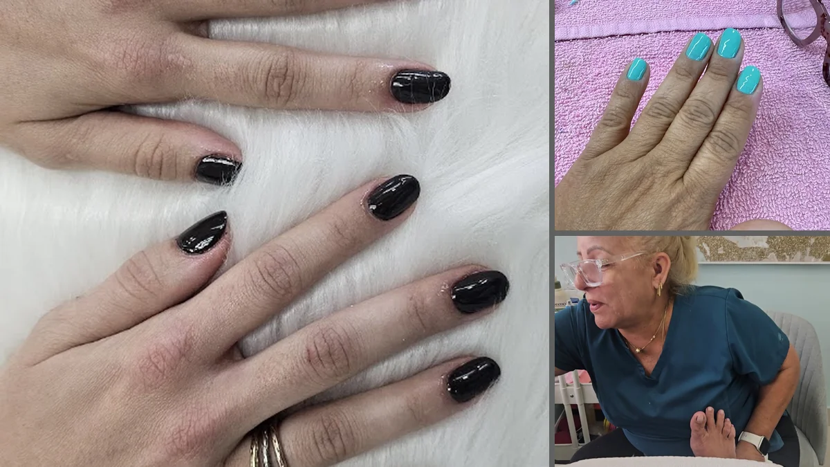 Manicured hands with glossy pink nails.